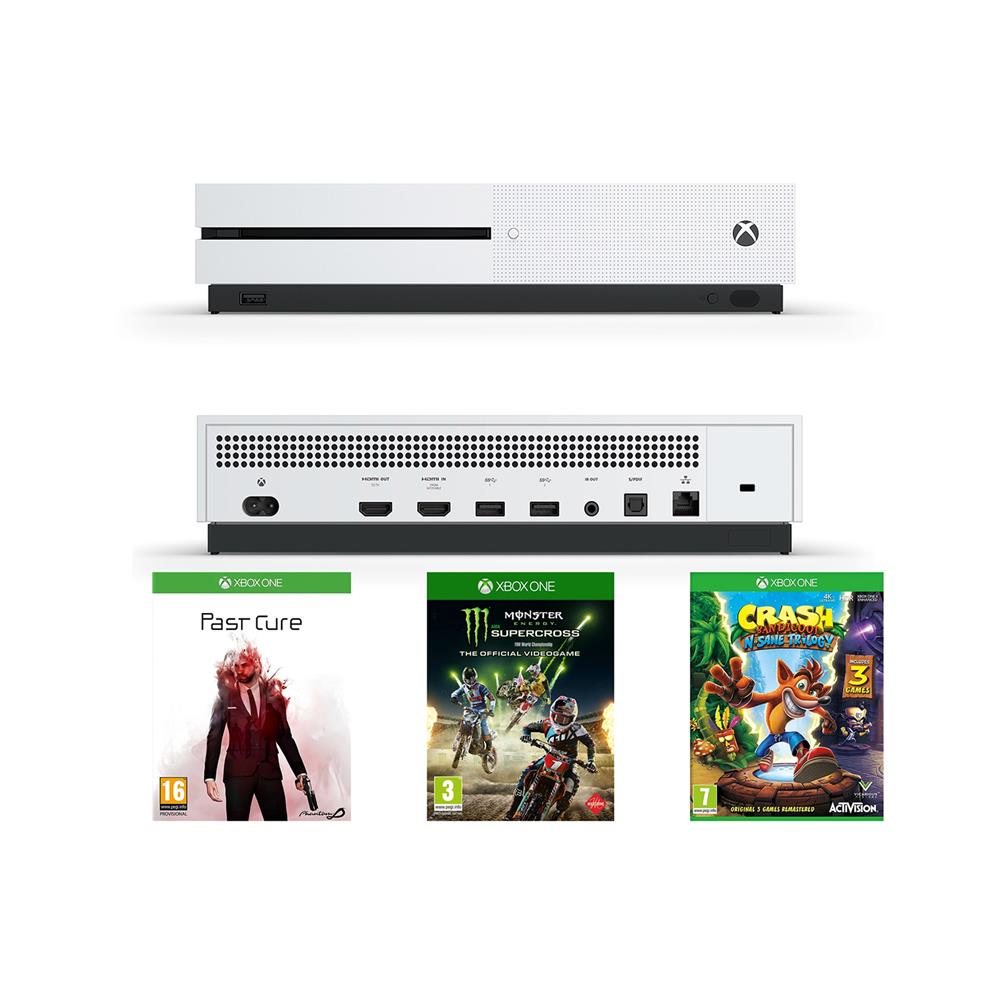 Microsoft Xbox One S in 3 igre (Past Cure, Monster Energy Supercross in Crash Bandicoot n.SANE Trilogy)